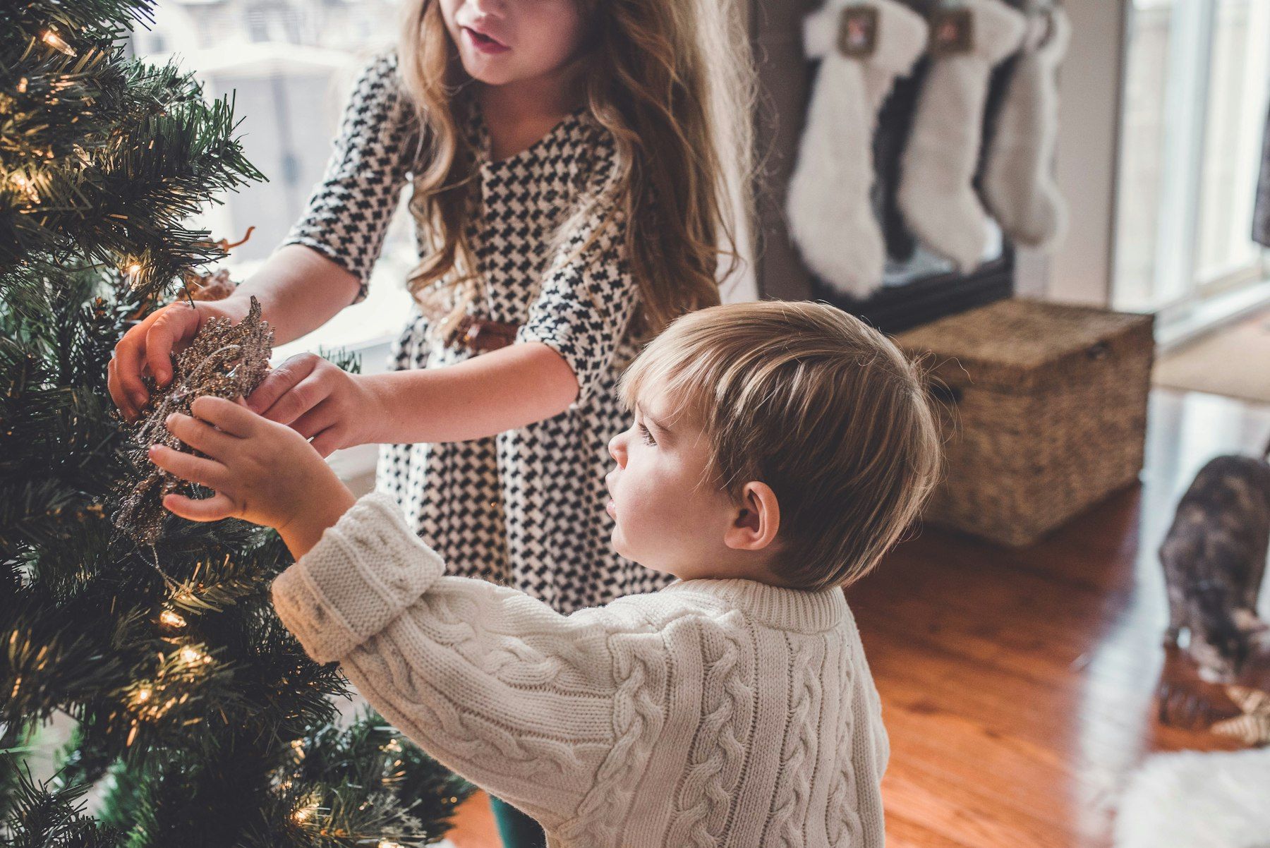 Deux enfants décorent le sapin de Noël